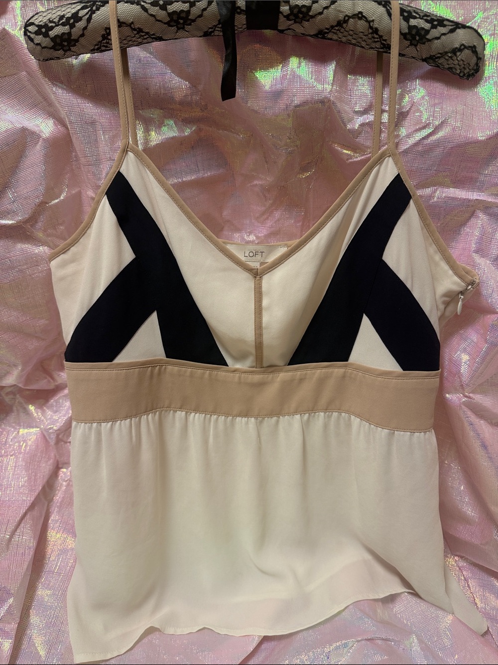 LOFT Cream Black and Tan Colorblock Spaghetti Strap Cami